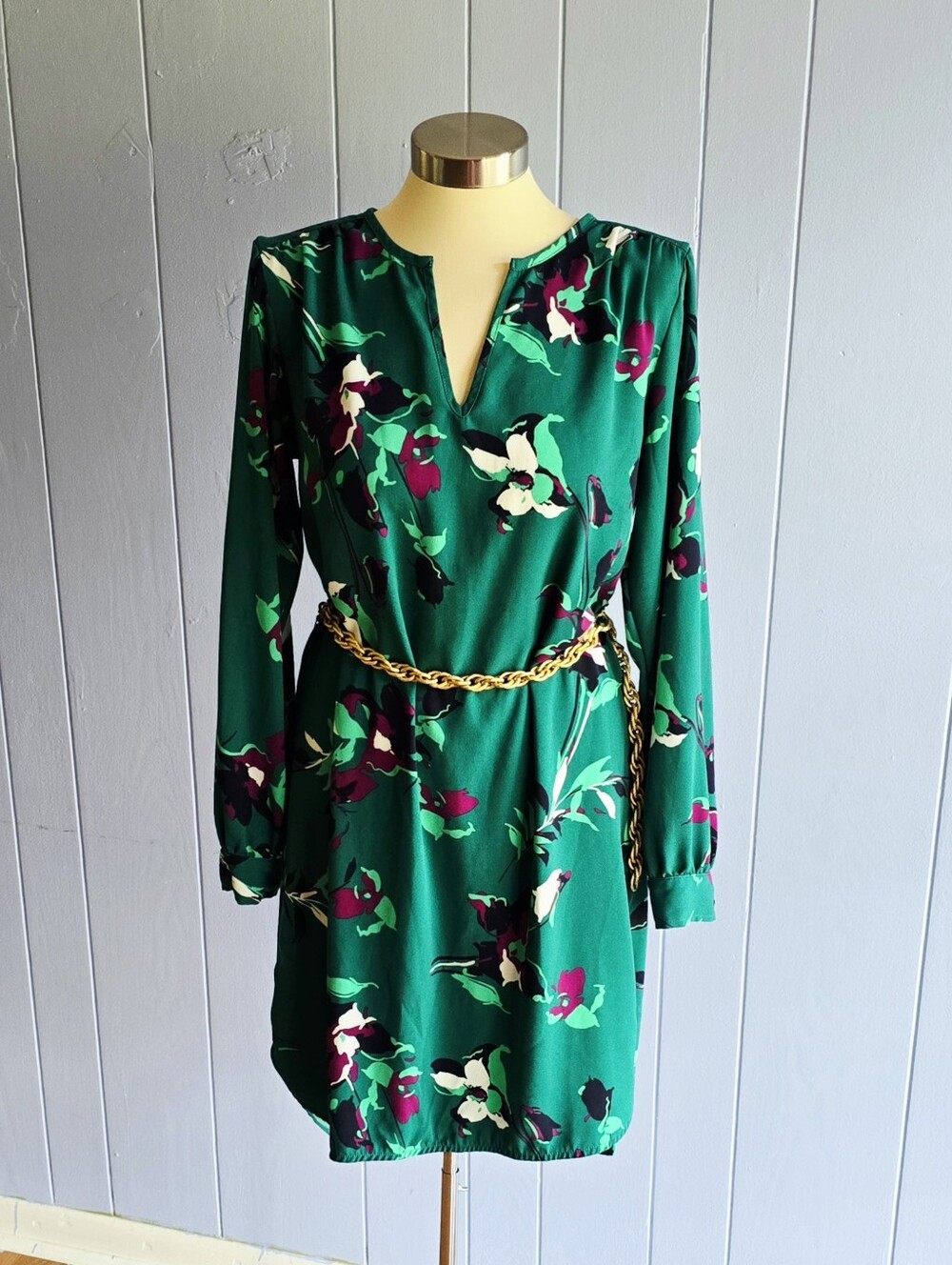 MERONA Womens Green Floral Long-Sleeves Dress